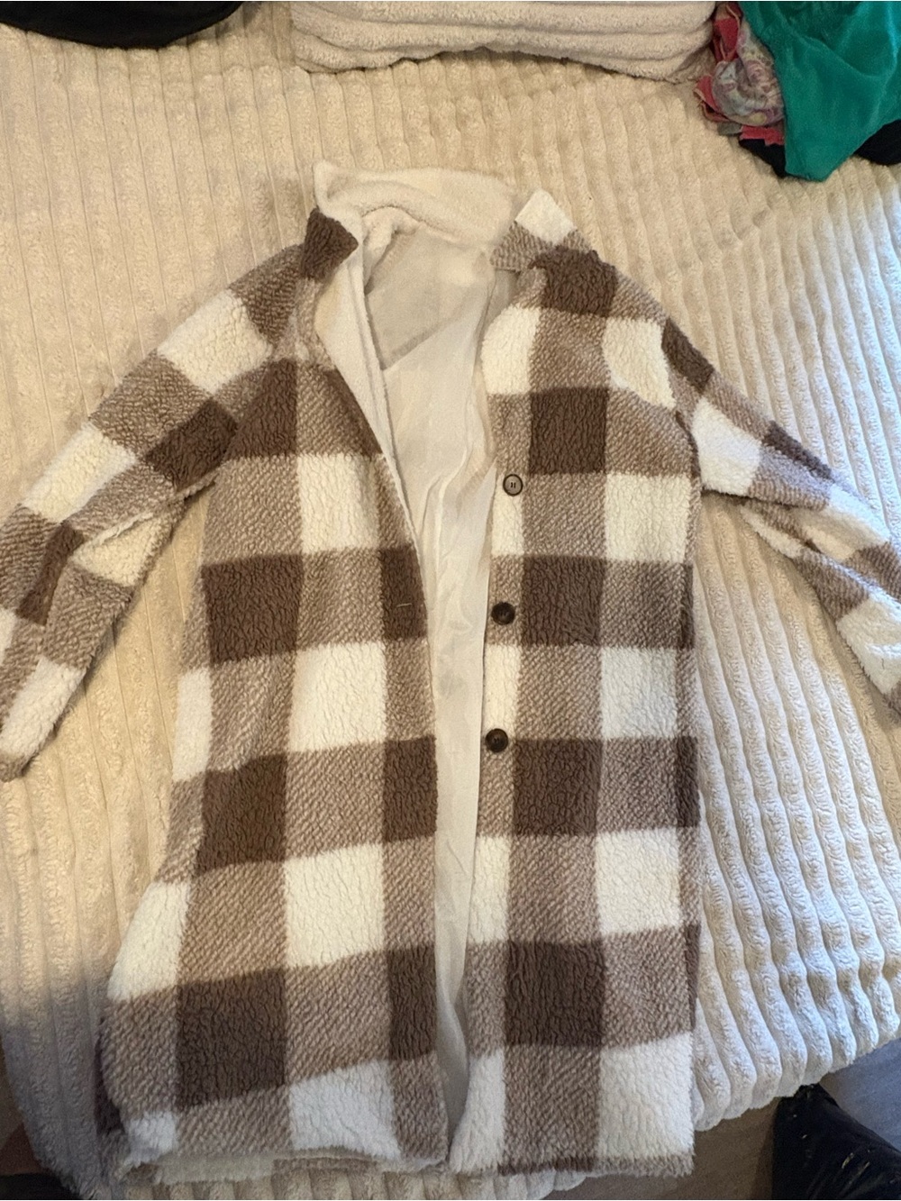 SHEIN Cream and Brown Plaid Button-Front Sherpa Cardigan